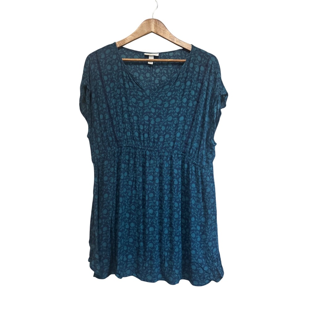 Liz Lange Maternity Top Women L Blue Floral Empire Waist Excellent Ladder Lace